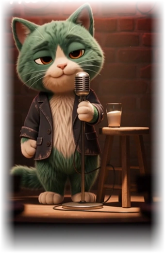 Ponchik performing live at The Litter Box in his dark blazer at the vintage microphone